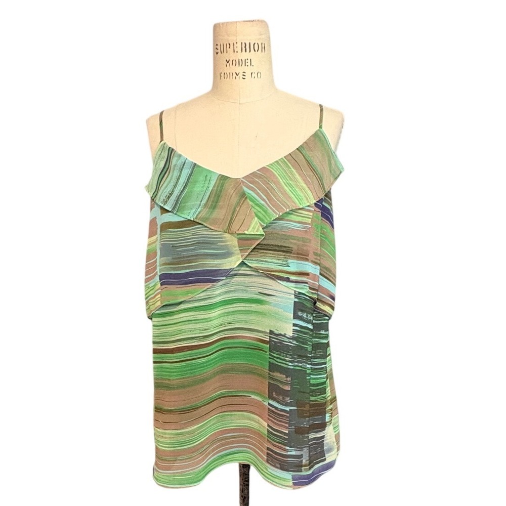Cabi Womens Green Abstract Brushstroke‎ Tiered Ruffle Camisole Tank Top S Summer
